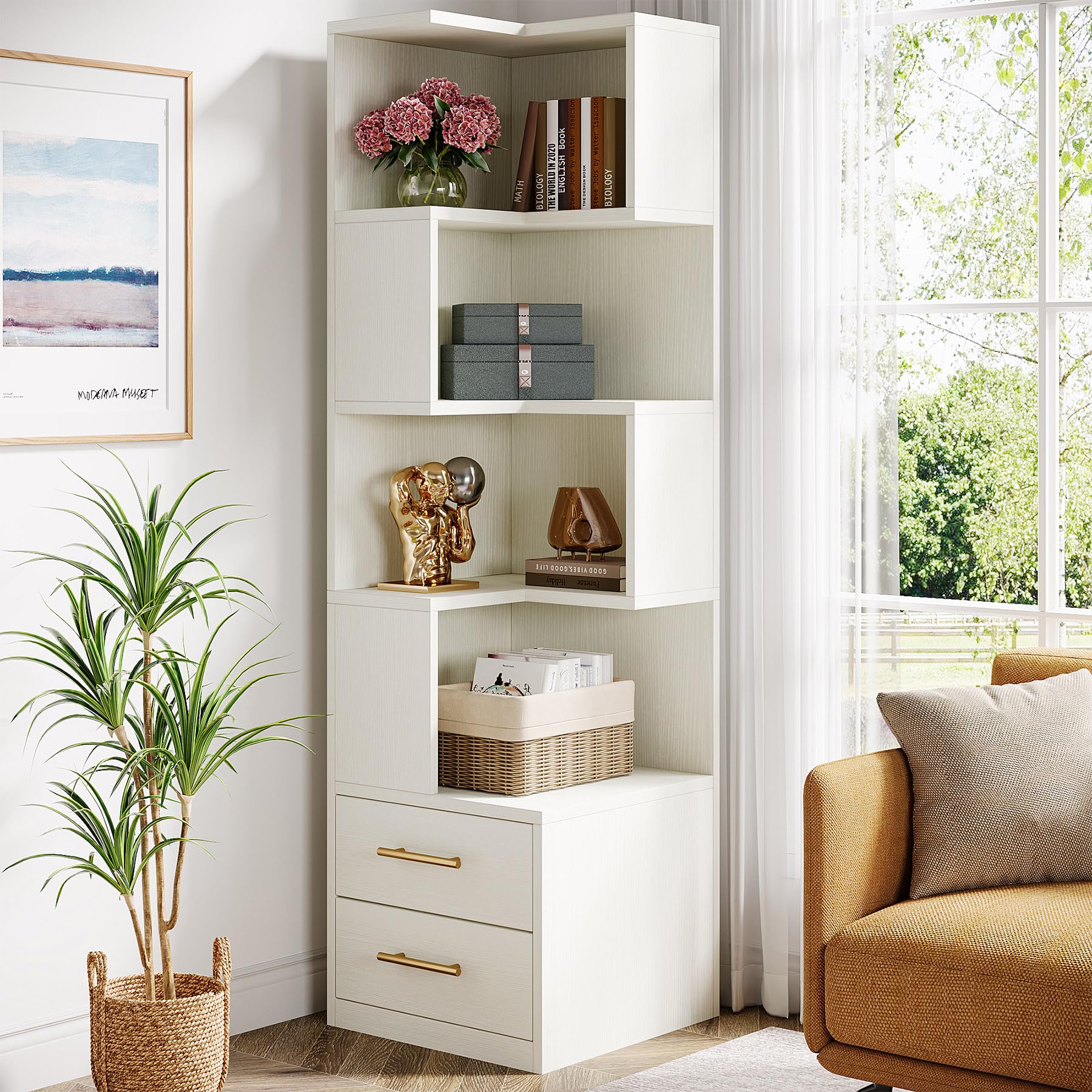 5-Tier Corner Bookshelf with 2 Drawers, 66.9-Inch Tall Corner Bookcase Shelf