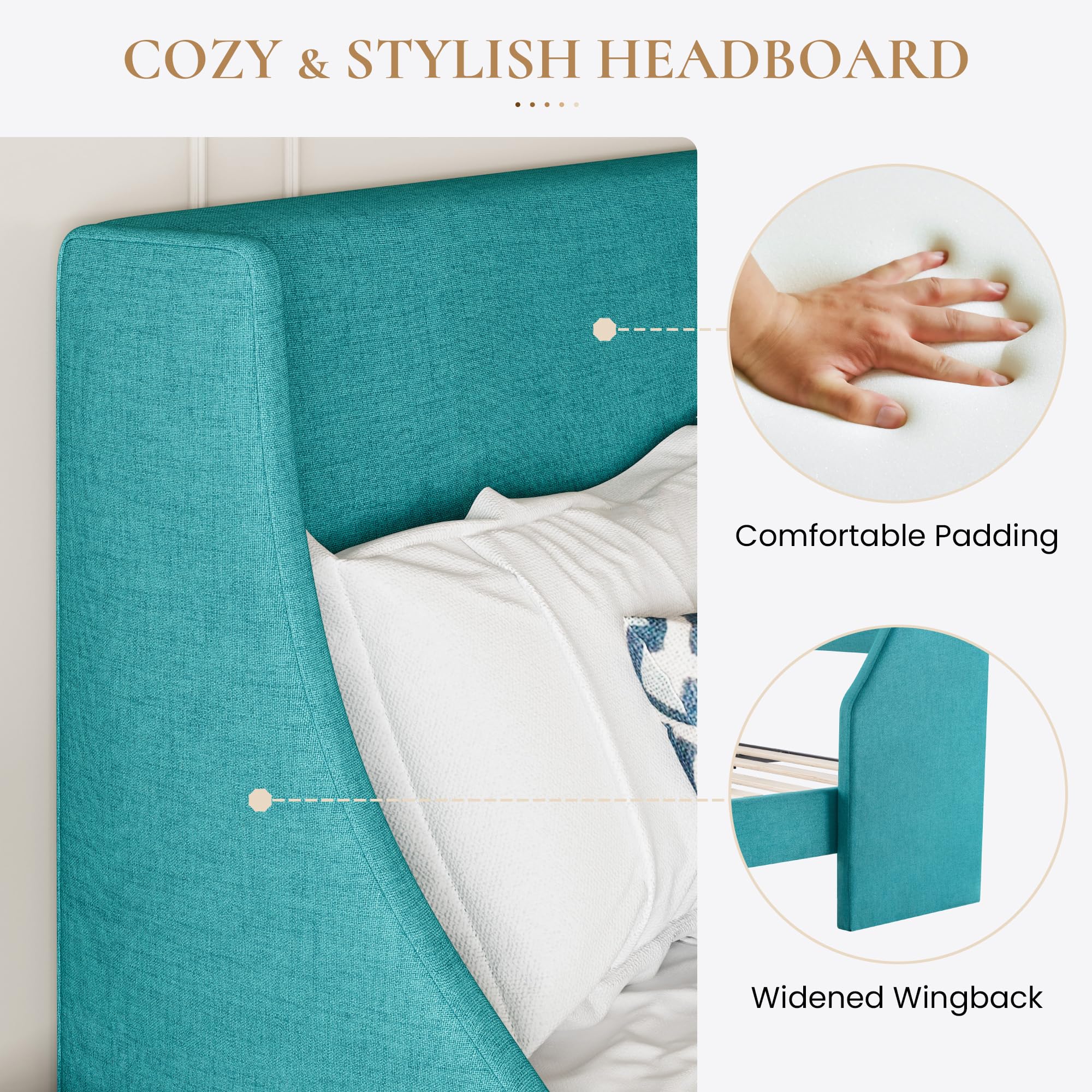 Upholstered Bed Frame King Size with Streamlined Wingback Headboard