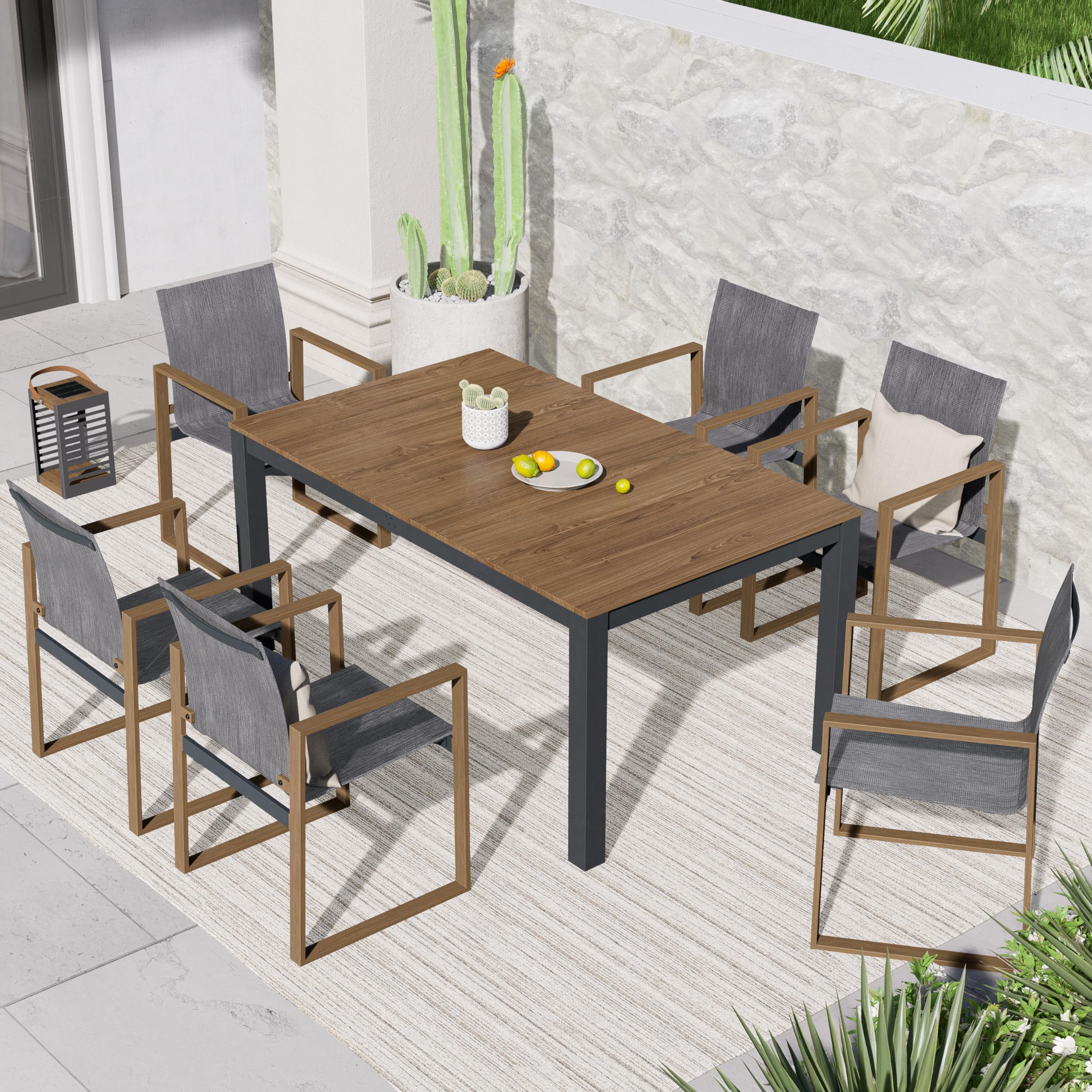7 Piece Outdoor Dining Set with Faux Wood Grain Finish