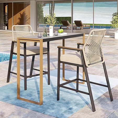 3 Piece Outdoor Bar Set,Wicker Bar Height Stools
