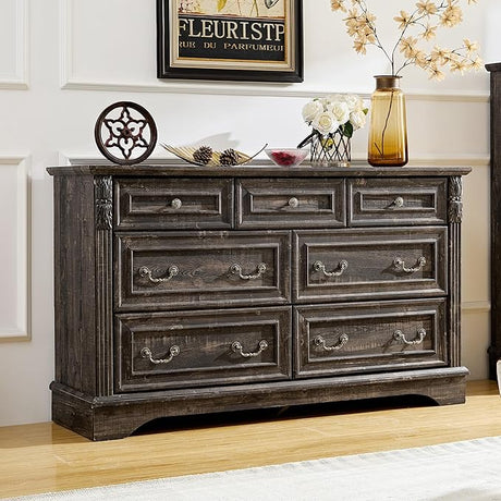 Farmhouse 7 Drawers Dresser, Dressers for Bedroom, 54" Wide Wood Rustic