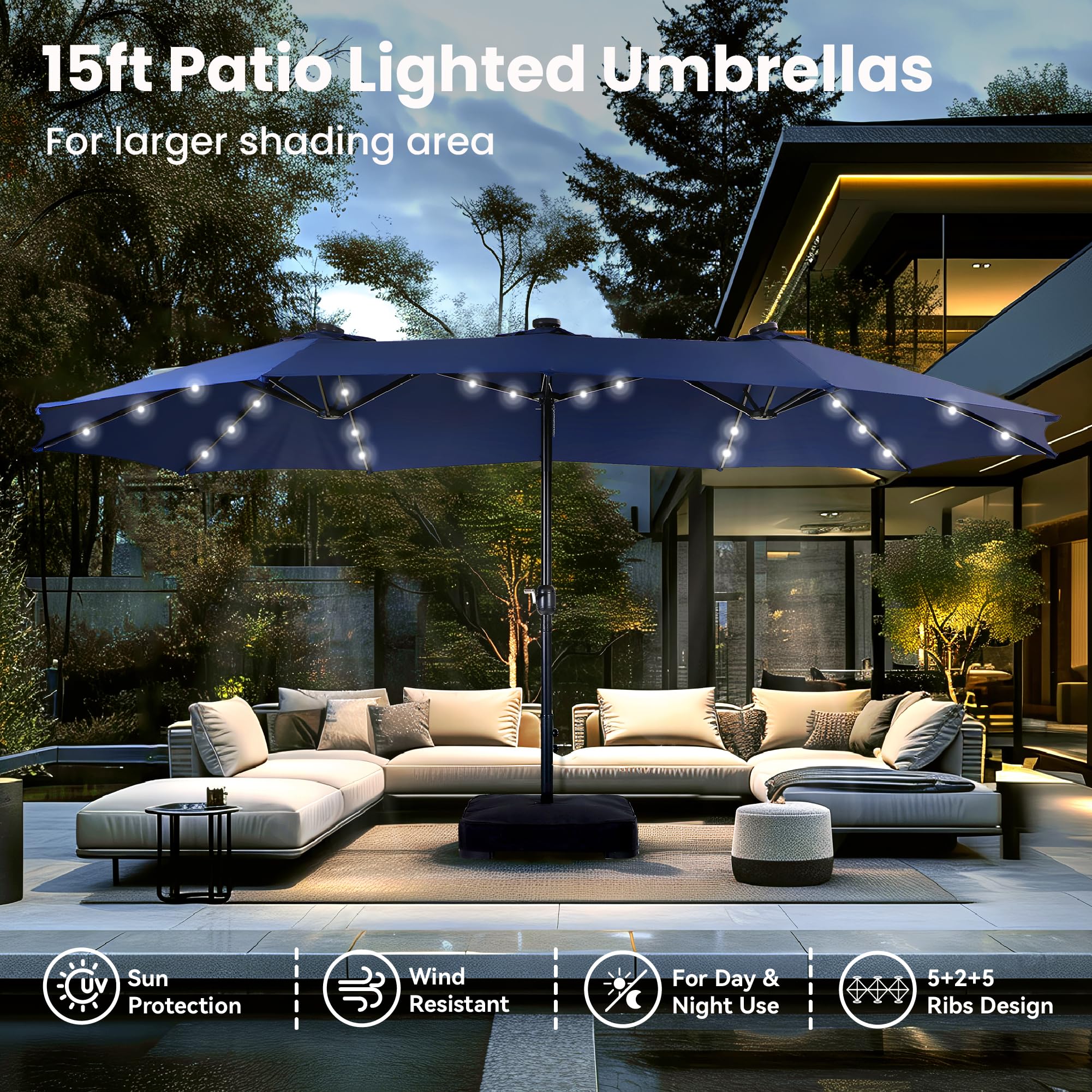 Large Patio Umbrella with Solar Lights, Double-Sided Outdoor Market Rectangle Umbrellas