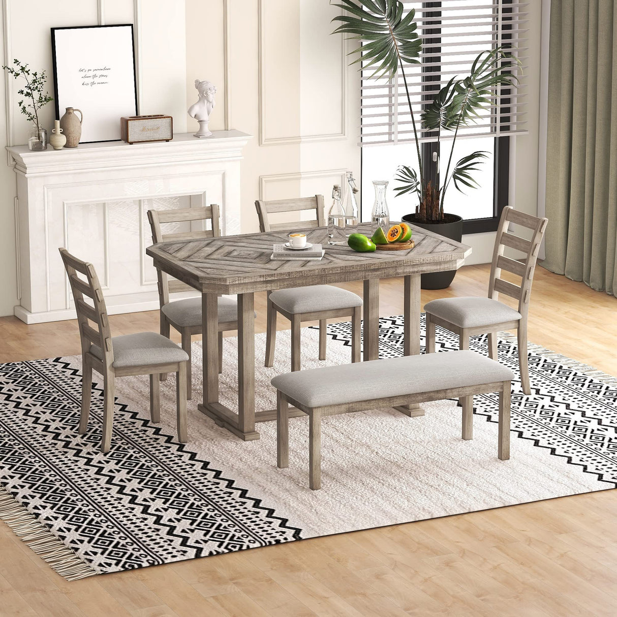 6, Rectangular Dining Table with Upholstered Chairs and Bench, 6-Piece Table Set for Dining Room and Kitchen, Retro Dining