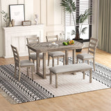 6, Rectangular Dining Table with Upholstered Chairs and Bench, 6-Piece Table Set for Dining Room and Kitchen, Retro Dining