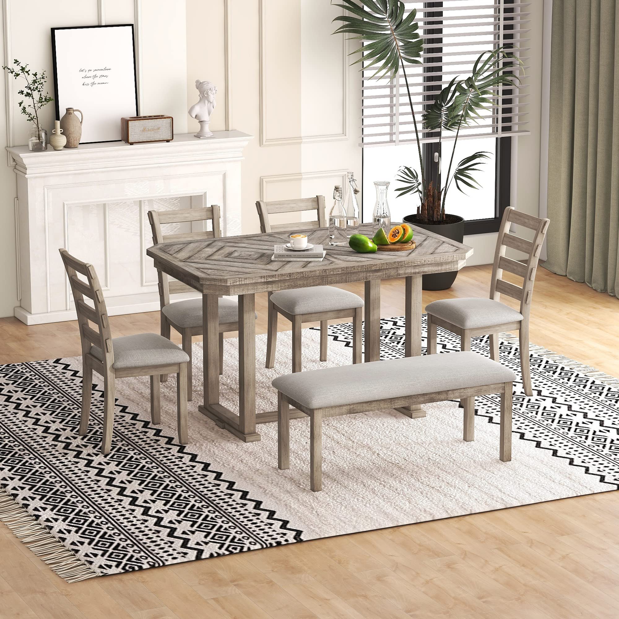 6, Rectangular Dining Table with Upholstered Chairs and Bench, 6-Piece Table Set for Dining Room and Kitchen, Retro Dining