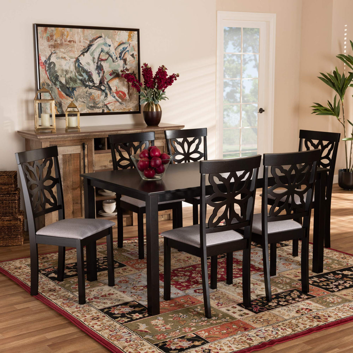 Modern and Contemporary Grey Fabric Upholstered and Dark Brown Finished Wood 7