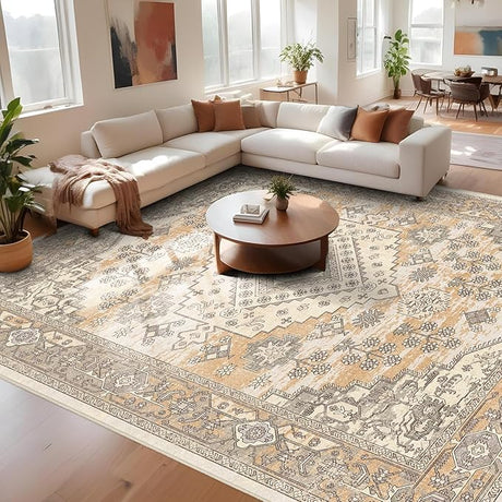 9x12 Large Area Rug - Vintage Washable Rug for Living Room with Non-Slip Low-Pile