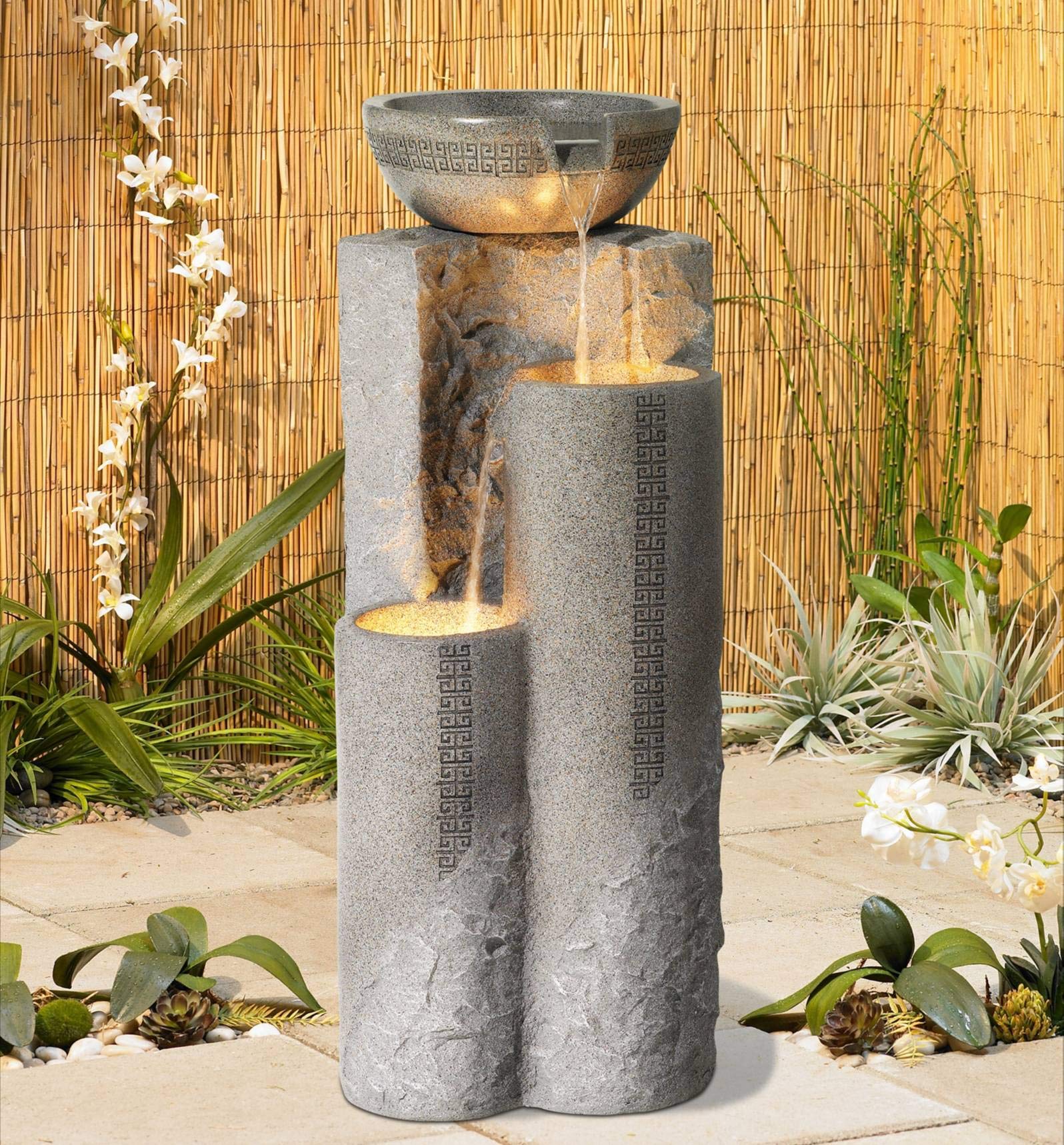 Bowl and Pillar Zen Modern Outdoor Floor Water Fountain 34 1/2" High with LED Light