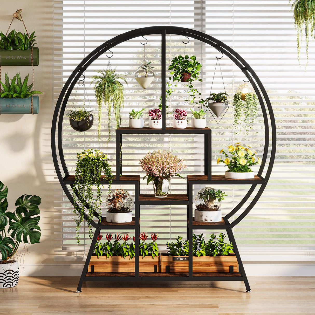 7-Tier Round Indoor Plant Stand, 65" Large Tall Plant Shelf with 6 S Hanging Hooks