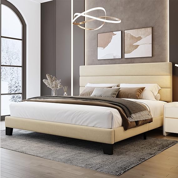 King Bed Frame Platform Bed with Linen Fabric Upholstered Headboard