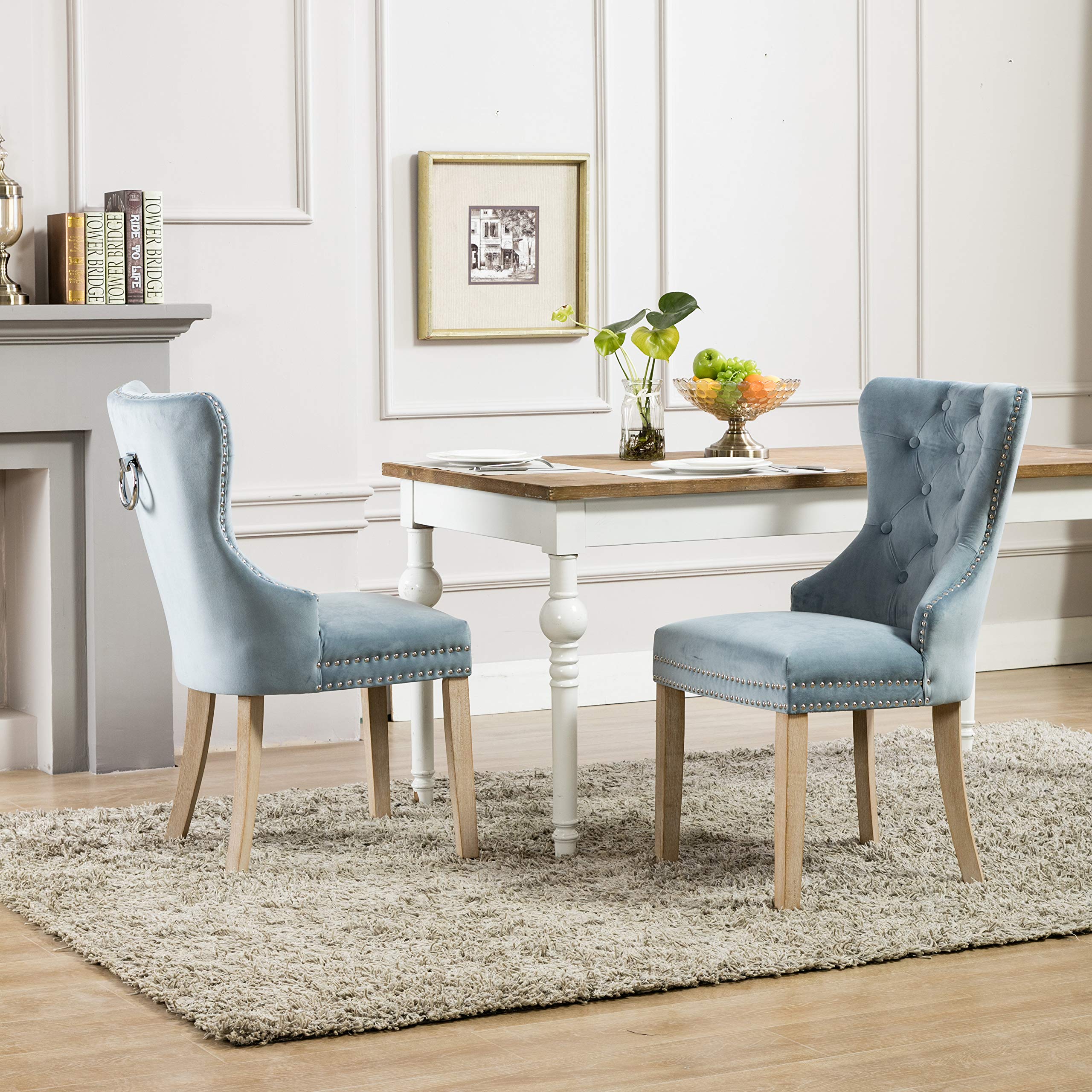 Velvet Fabric Dining Chairs,Upholstered Leisure Padded Accent with Nailed Trim,Set of 2(Blue)