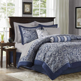 Madison Park Aubrey Cozy Comforter Set, Faux Silk Jacquard Paisley Design - All Season Down Alternative Bedding with Cotton Bed Sheets, Bed Skirt & Toss Pillows, Queen Navy 12 Piece