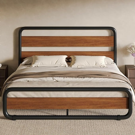 Full Size Metal Bed Frame with Wooden Headboard and Footboard, Heavy Duty Oval