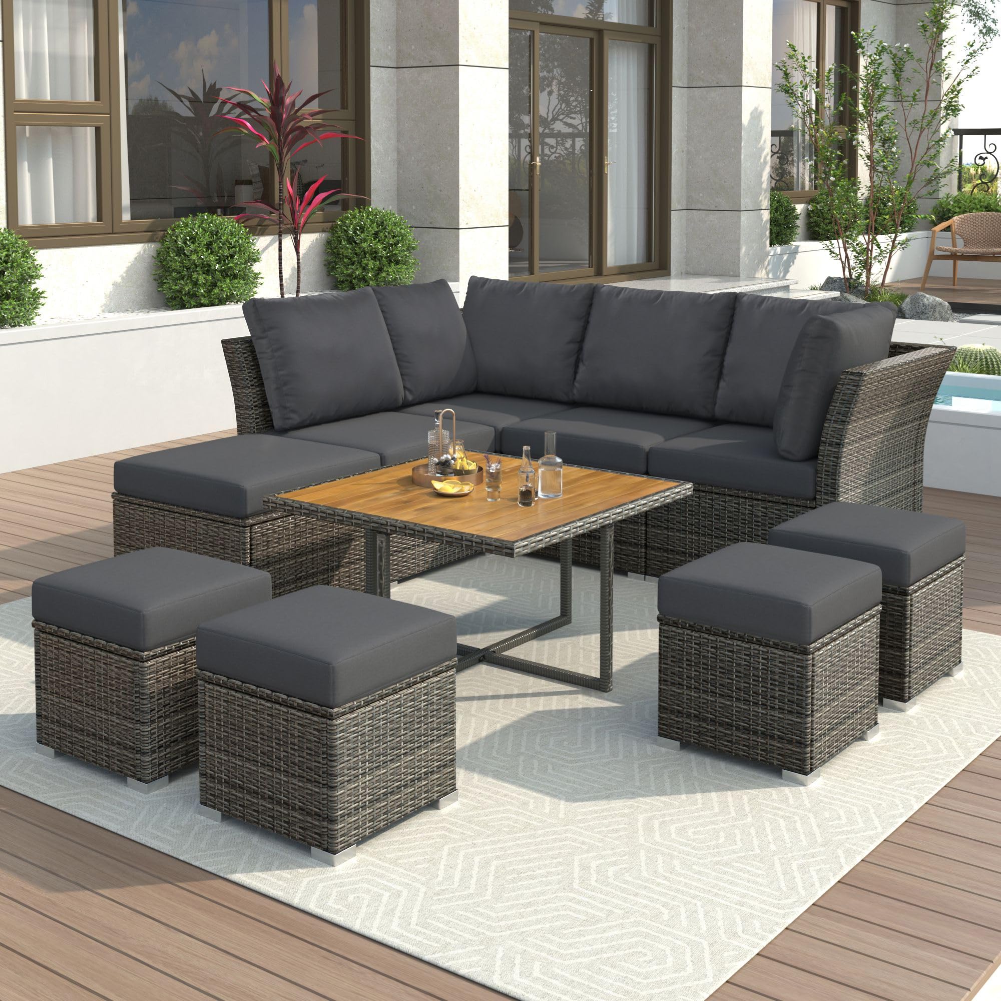 9 Pieces Patio Furniture Set, All Weather Wicker Rattan Outdoor Sectional Sofa Conversation Set
