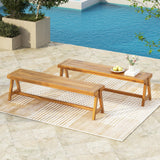 Acacia Wood Benches Set of 2, Outdoor Patio Dining Bench, Wood Slat Panel Bench Chairs