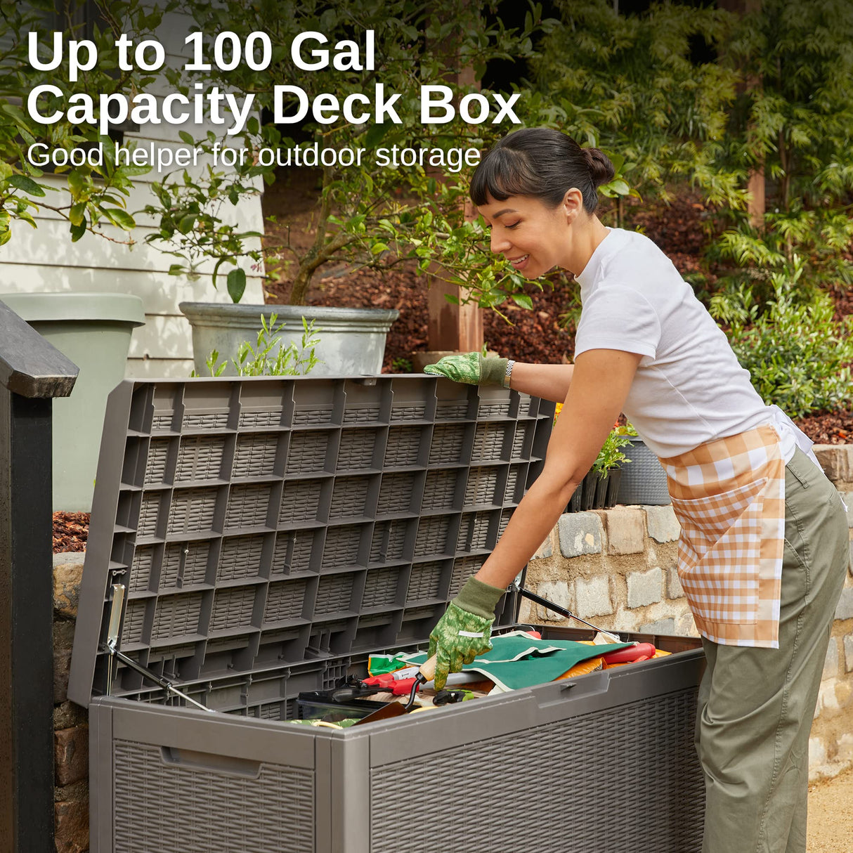 Outdoor Storage Box, 100 Gallon Deck Box, Waterproof Resin Storage Bench