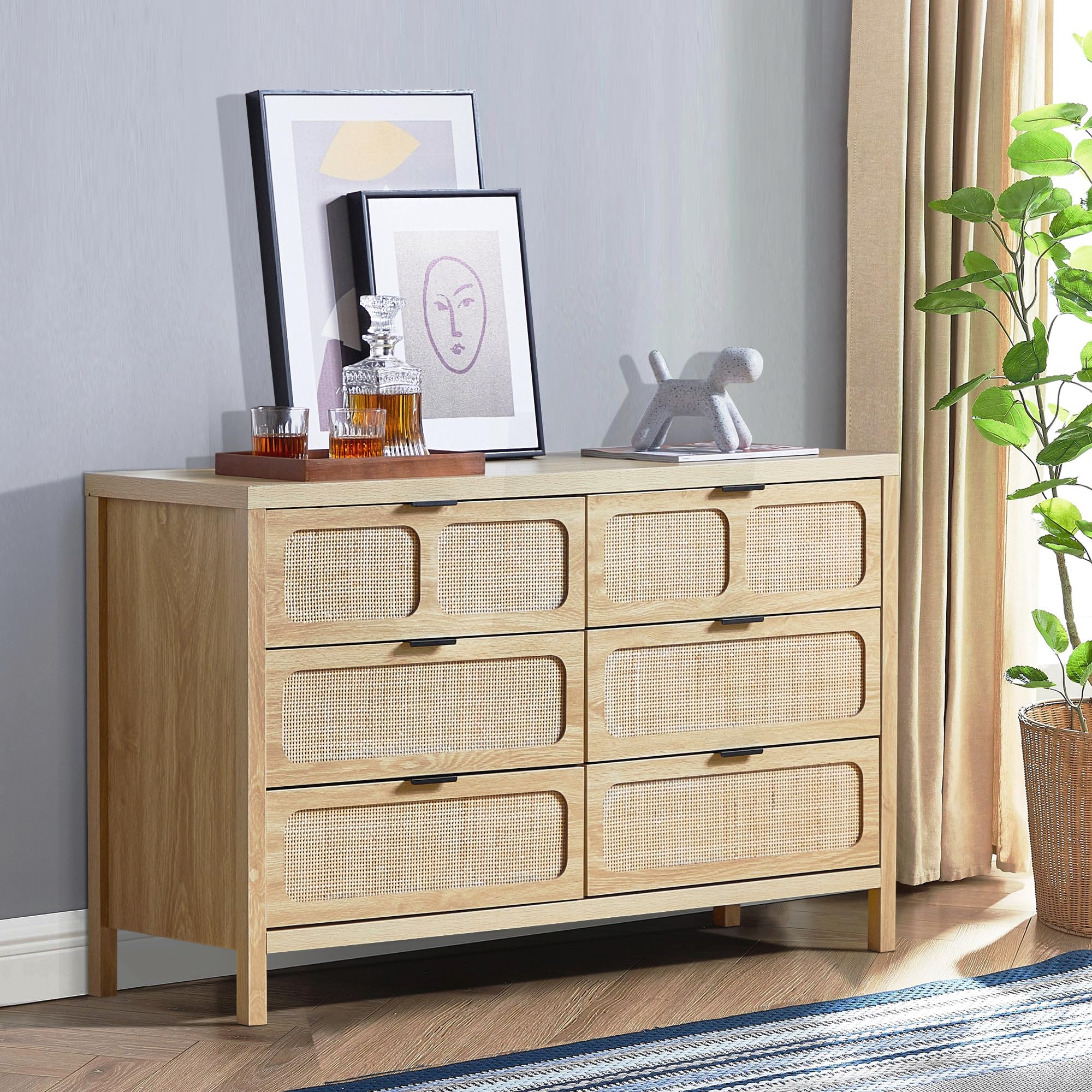 6 Drawer Dresser for Bedroom, Rattan Dresser Drawer Organizer with