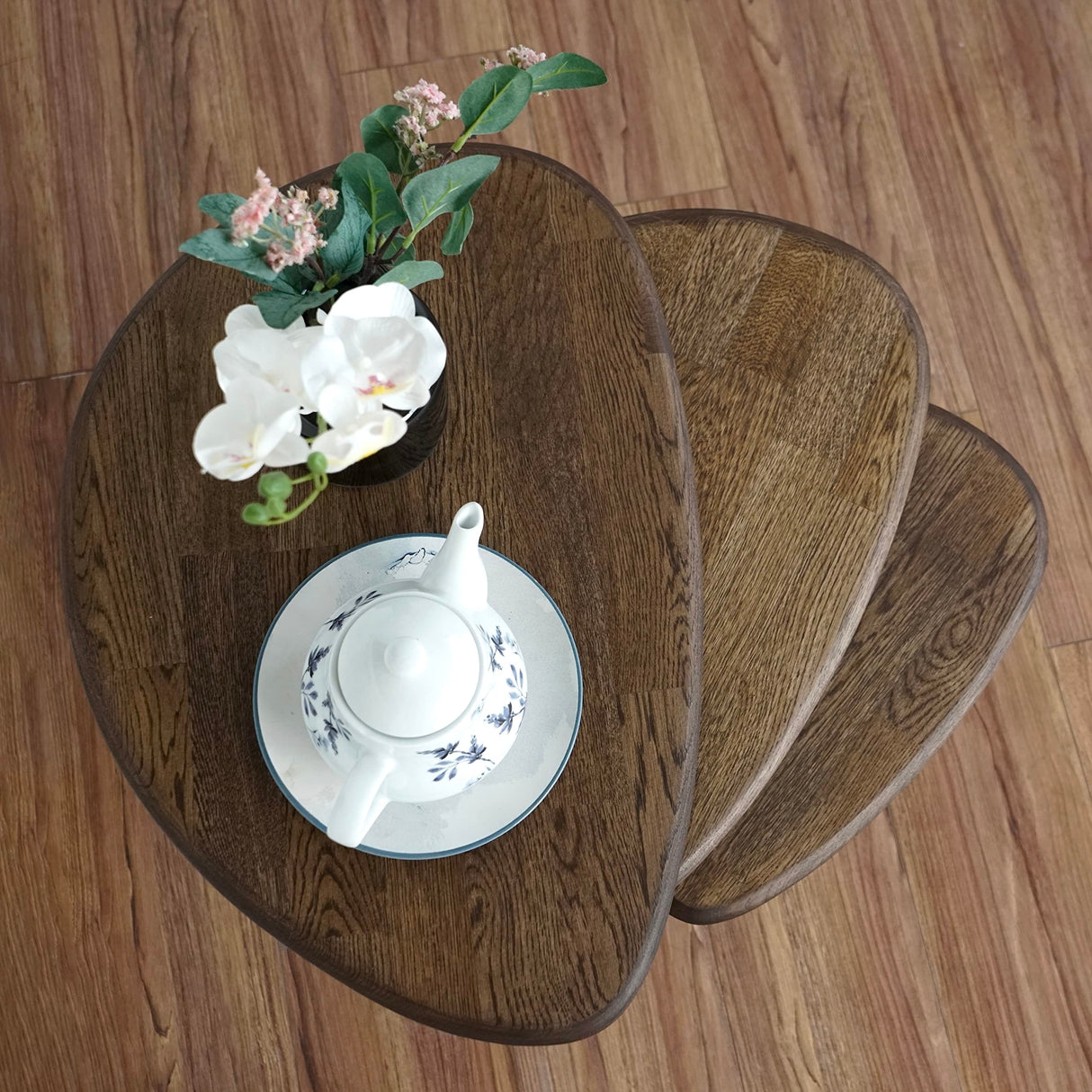 Solid Nesting Table Set of 3- Oak Mid Century Pebble Tables