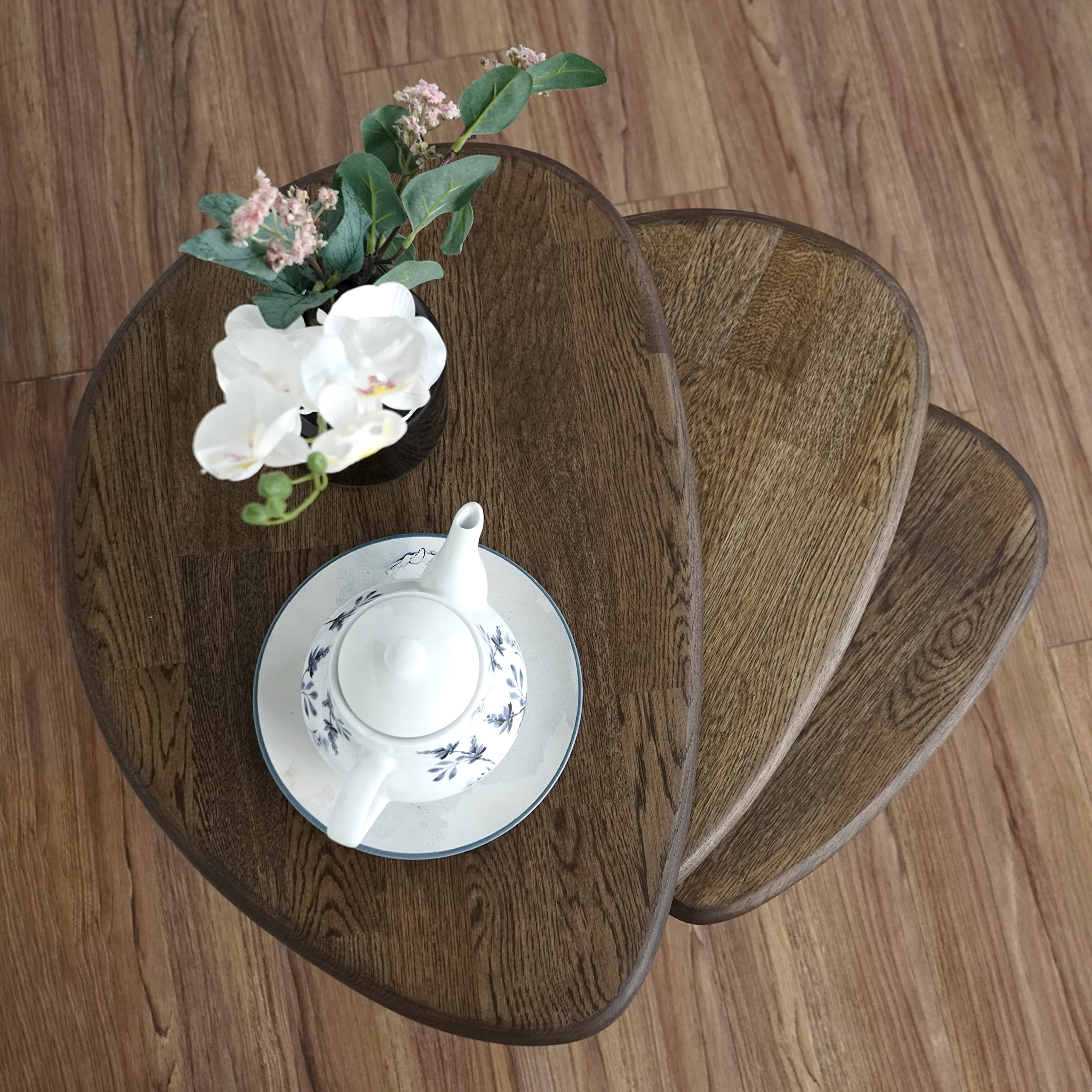 Solid Nesting Table Set of 3- Oak Mid Century Pebble Tables