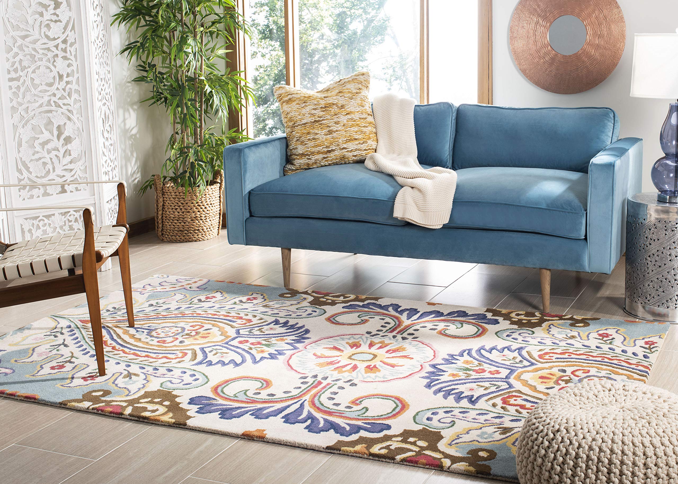 Bella Collection 4' x 6' Ivory/Blue BEL118A Handmade Boho Premium Wool Area Rug