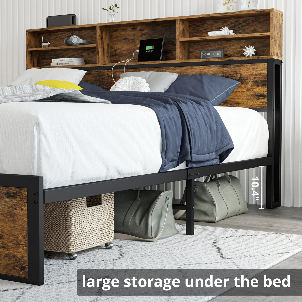 Queen Bed Frame with Tall Bookcase Headboard and Charging Station, Sturdy and No