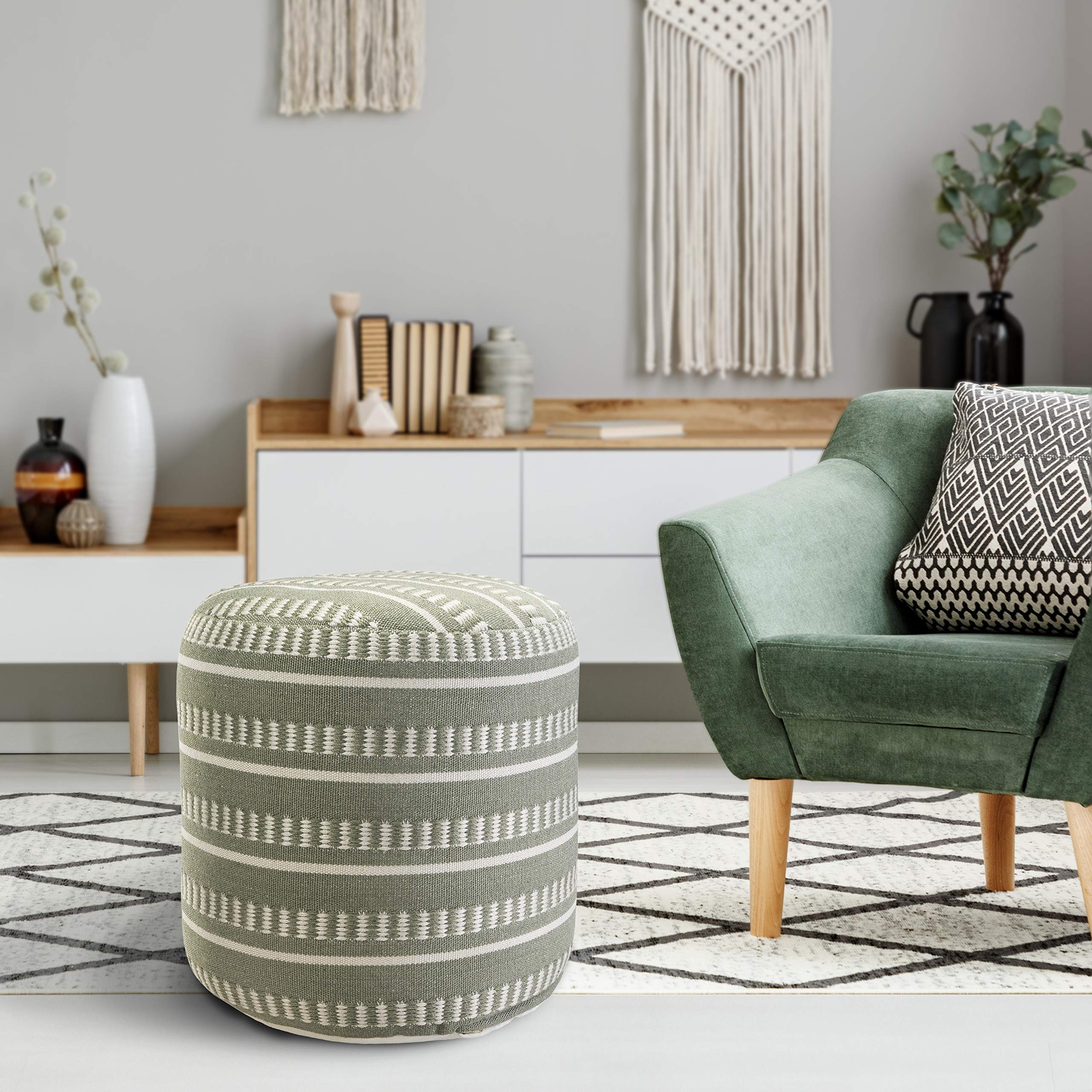 Dash and Stripe Geometric Indoor Outdoor Pouf, Green/White, 20" x 20" x 20"