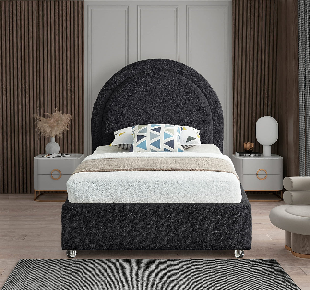 Milo Collection Modern | Contemporary Boucle Fabric Upholstered Bed Nailheads