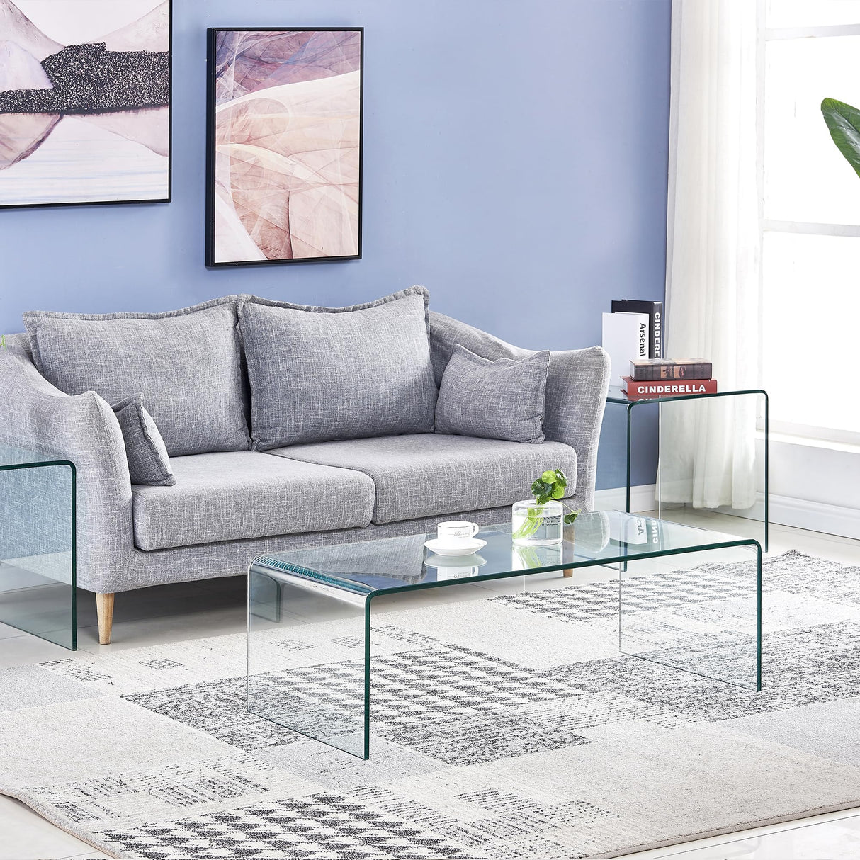 Glass Coffee Table, Modern Tempered Clear Coffee Tables Decor for Living Room,