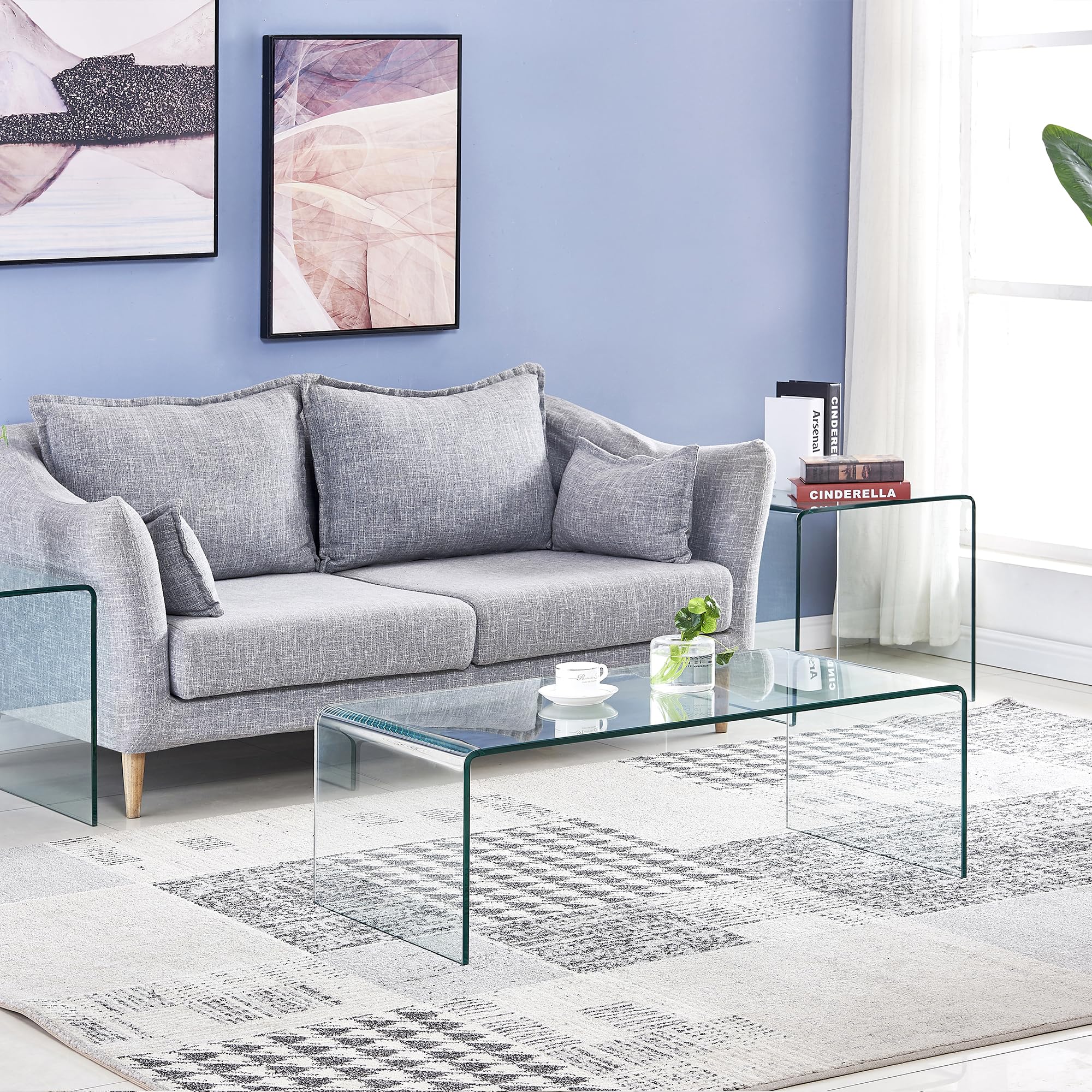 Glass Coffee Table, Modern Tempered Clear Coffee Tables Decor for Living Room,