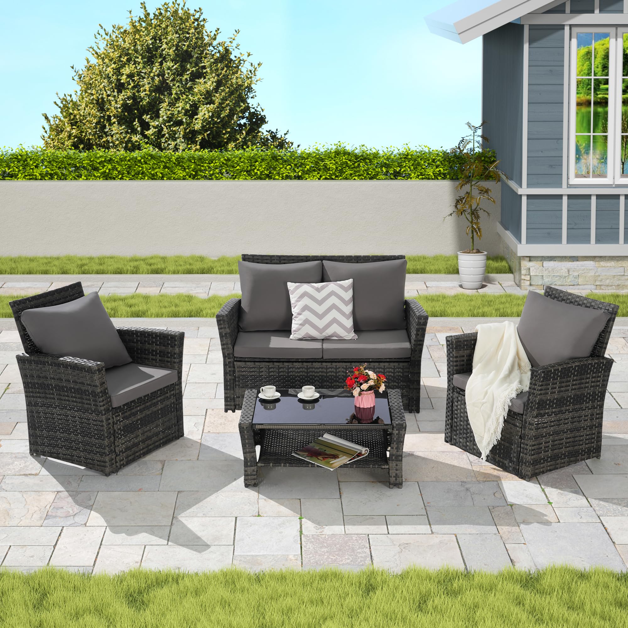 4-Piece Outdoor Patio Furniture Set: Rattan Wicker Chairs, Tempered Glass Coffee Table