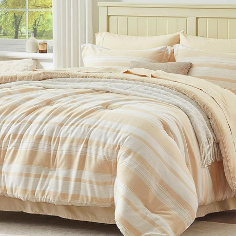 King Size Comforter Set, 7 Pieces Bed in a Bag Blue Striped, Lightweight Cationic Dyeing