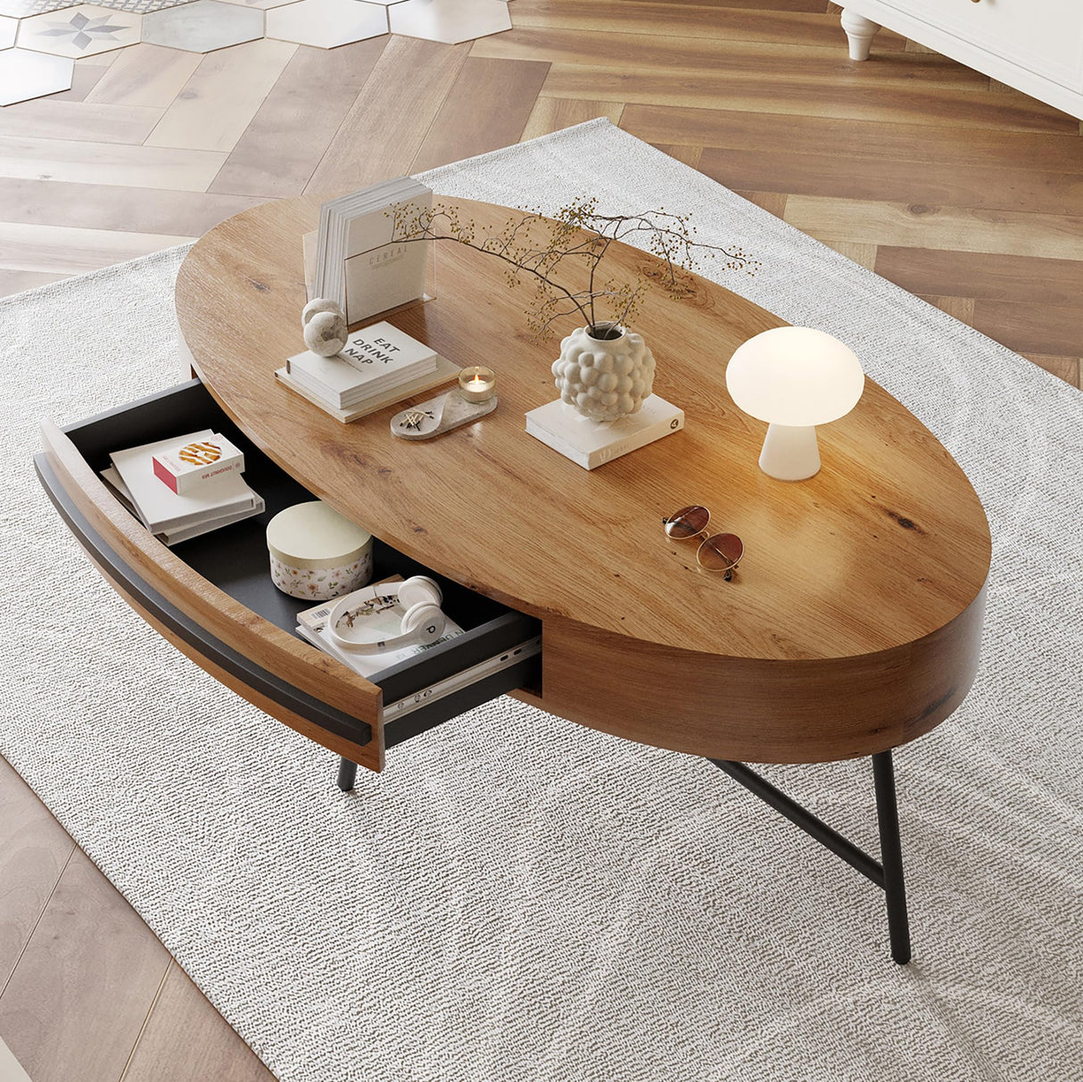 Oval Coffee Table with Drawer Mid-Century Modern Center Table 47.2“ Wooden Coffee