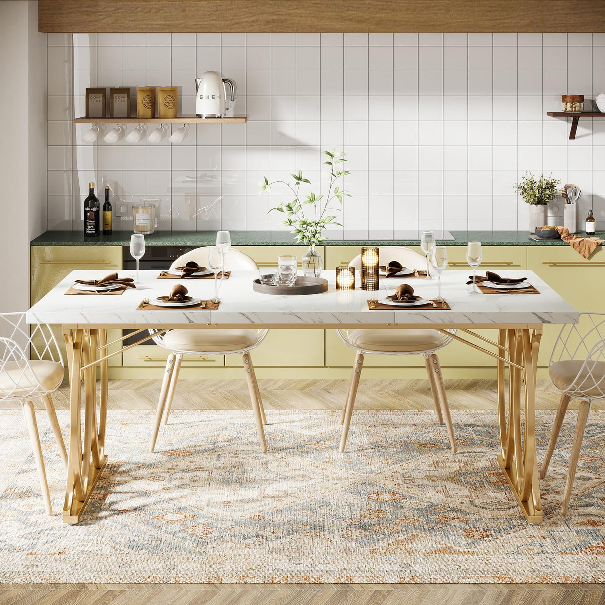 Modern Dining Table, 63" Large Kitchen Table for 4-6 People, Unique Rectangular Dinner Table Kitchen & Dining Room