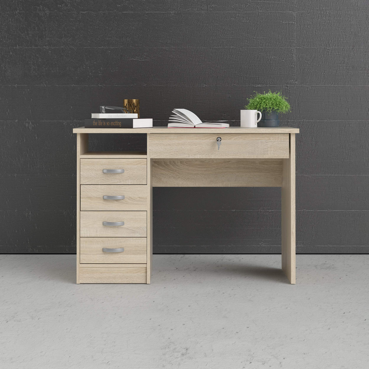 Oak Structure Walden Desk with 5 Drawers