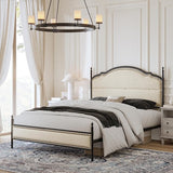 Queen Bed Frame with Headboard, Farmhouse Metal Platform Bed Linen Upholstered Bed Frame with Strong Wood Slats Support,