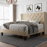 Queen Size Upholstered Platform Bed Frame, Wingback Bed Frame with Diamond Button