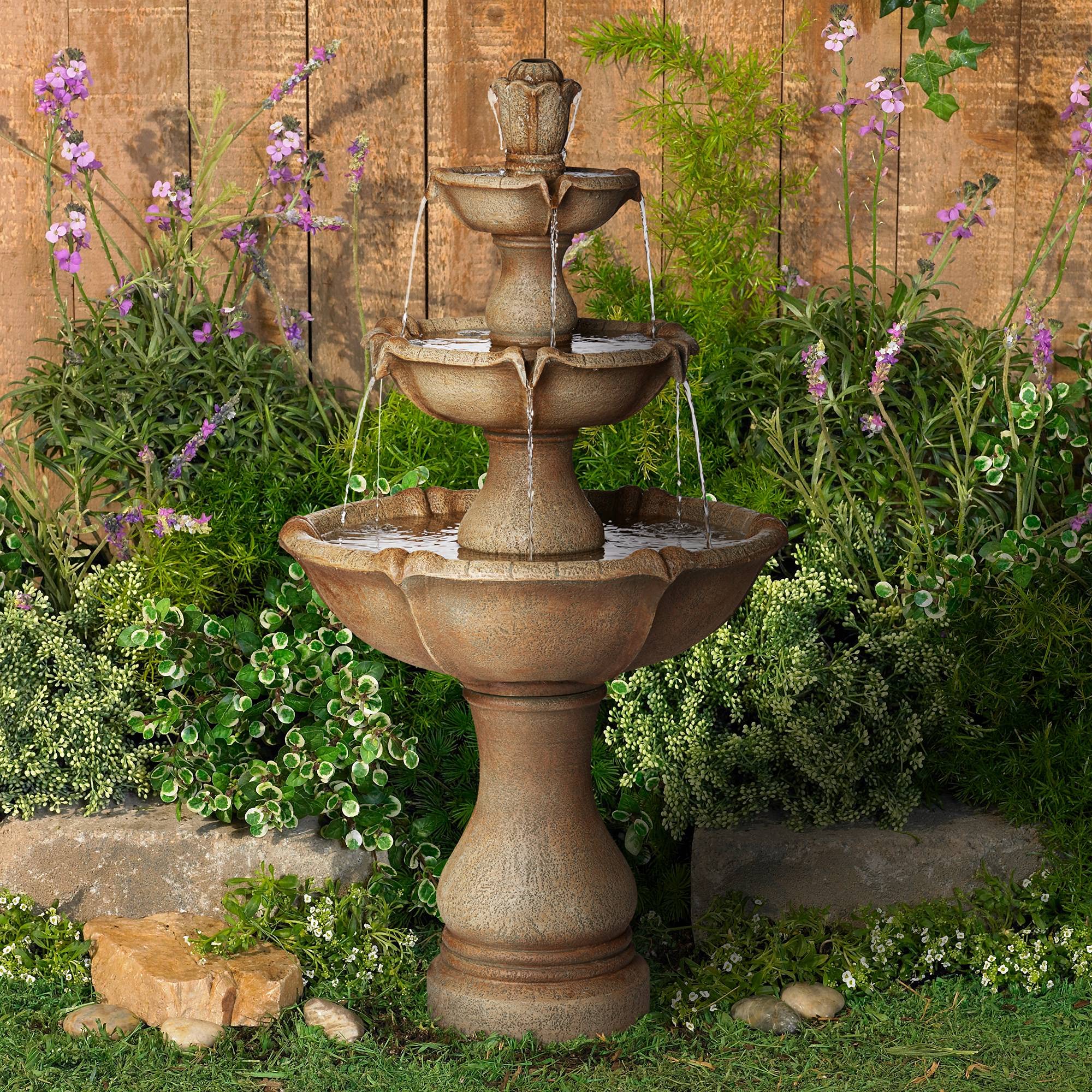 Outdoor Floor Water Fountain with Light LED 43" High 3-Tiered Resin for Garden