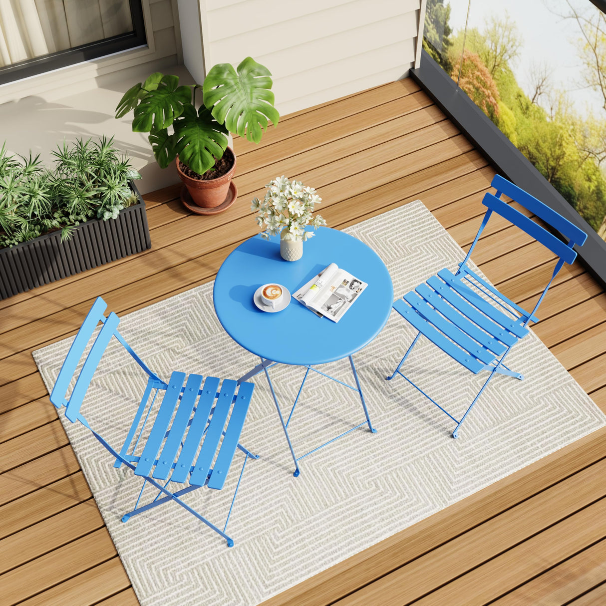 Steel Frame Patio Bistro Set, 3-Piece Outdoor Folding Table and Chairs, Weather Resistant