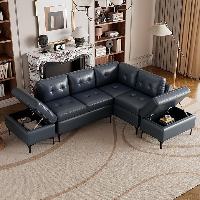 L-Shaped Pu Leather Sofa with 2 Movable Storage Ottoman, Modern Sectional Sofa