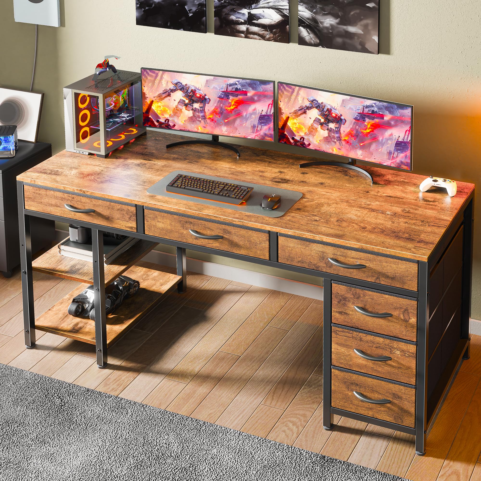 Huuger Computer Desk with 6 Drawers, 54 Inch Office Desk with Shelves, Reversible Gaming Desk, Corner Desk with Storage, Work Desk for Home Office, Study, Living Room, Rustic Brown