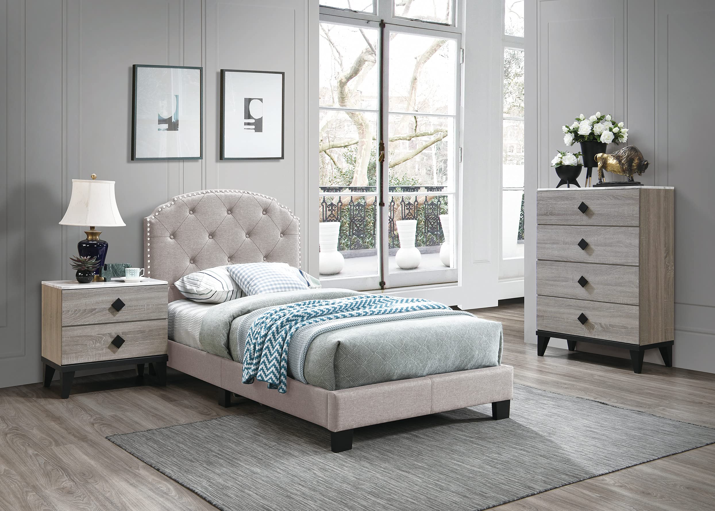 Button Tufting Design Twin Bed in Light Brown