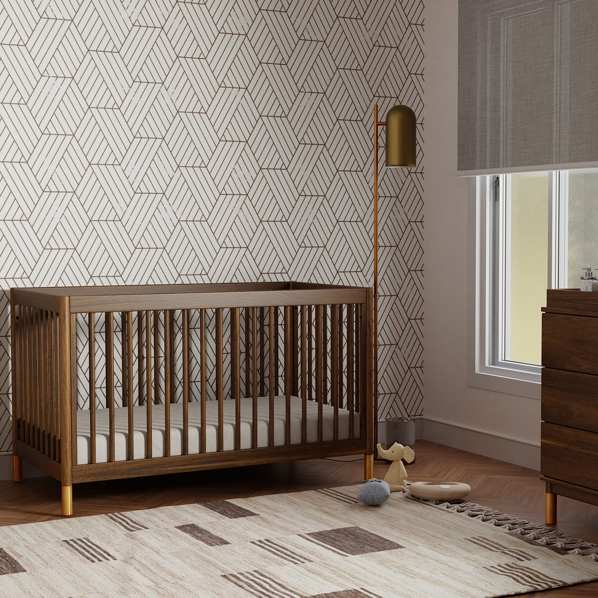 Gelato 4-in-1 Convertible Crib with Toddler Bed Conversion in Natural Walnut and Brushed