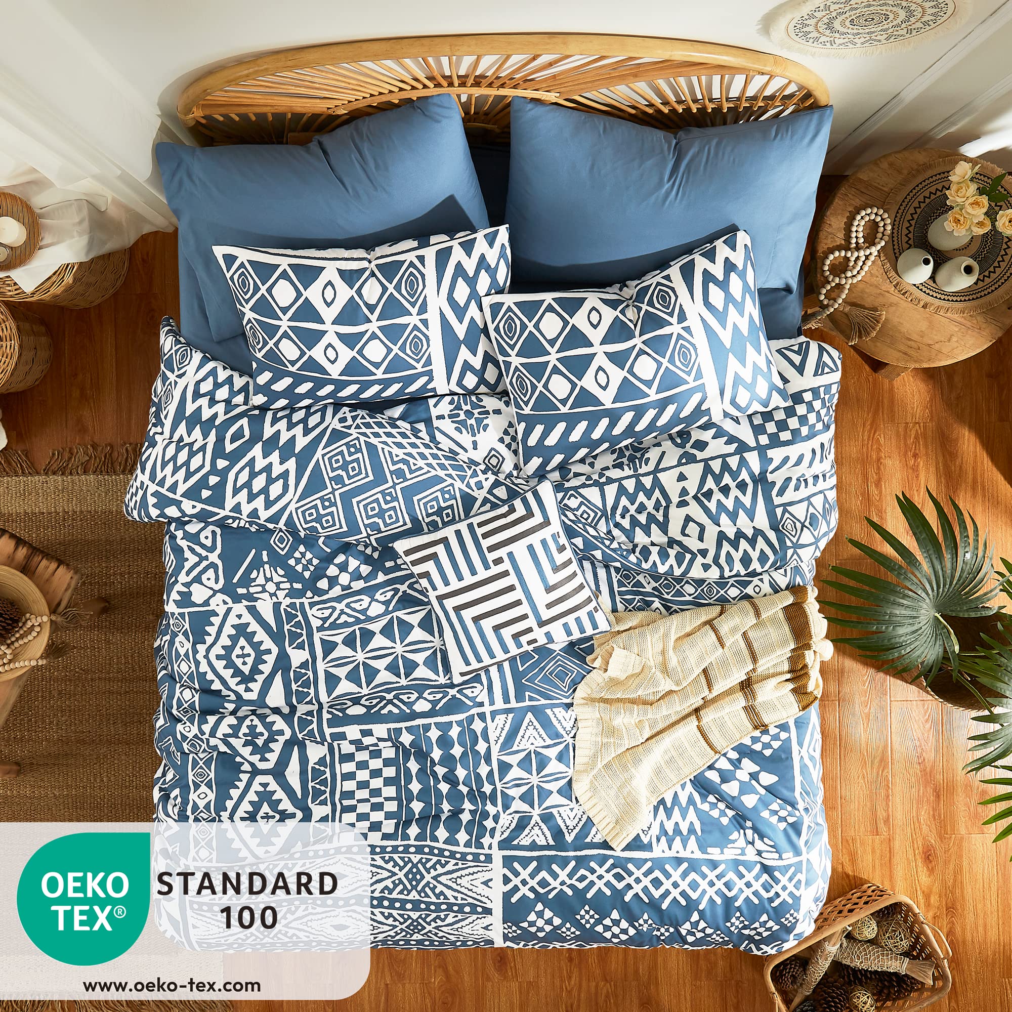 Geniospin King Size Comforter Sets, Boho Bedding Set 8 Pieces, All Season Down Alternative Comforter Set, Reversible Bedding with Soft Microfiber Fill Bedding, Lightweight (Blue, 102x90 inches)