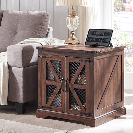 Farmhouse End Table, 24" Large Sofa Side Table with Charging Station