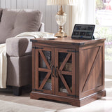 Farmhouse End Table, 24" Large Sofa Side Table with Charging Station, Mesh Barn Door