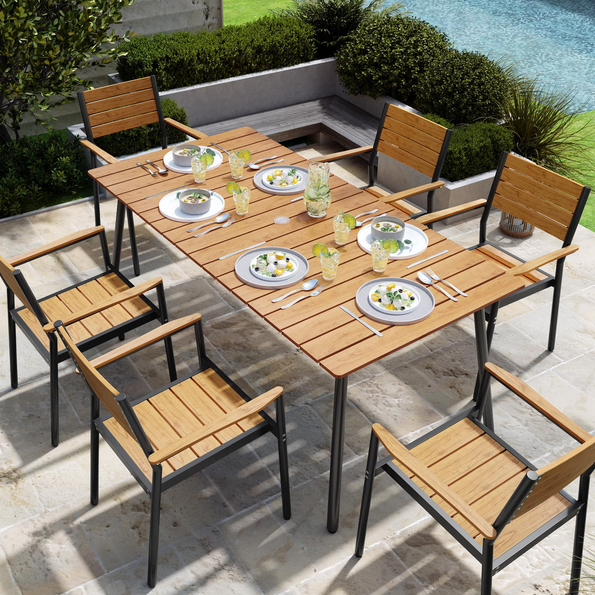 Outdoor Dining Table, 70inch Patio Dining Table with Wooden-Like Top and Aluminum Frame