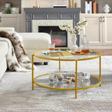 36" Round Coffee Table, Glass Coffee Table with Storage Shelf