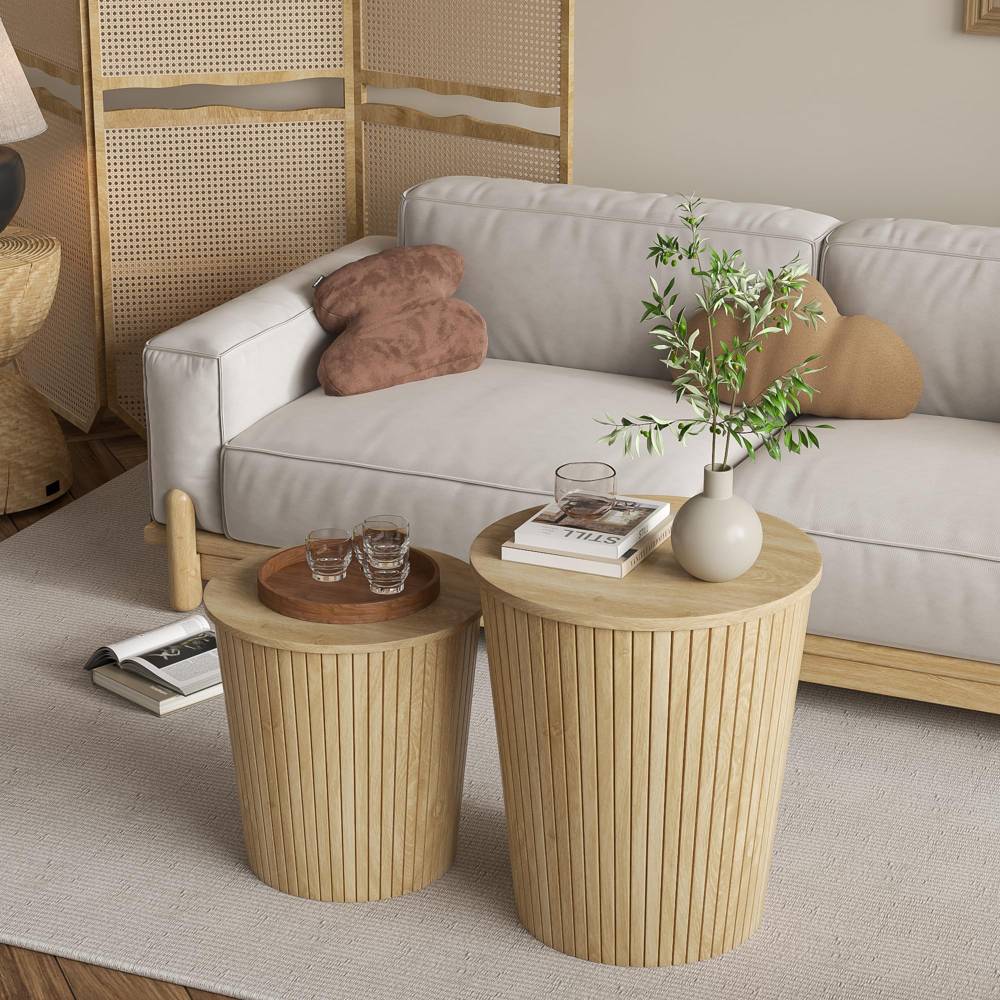 Nesting Coffee Table Set of 2, Round End Table with Storage, Farmhouse Side Table