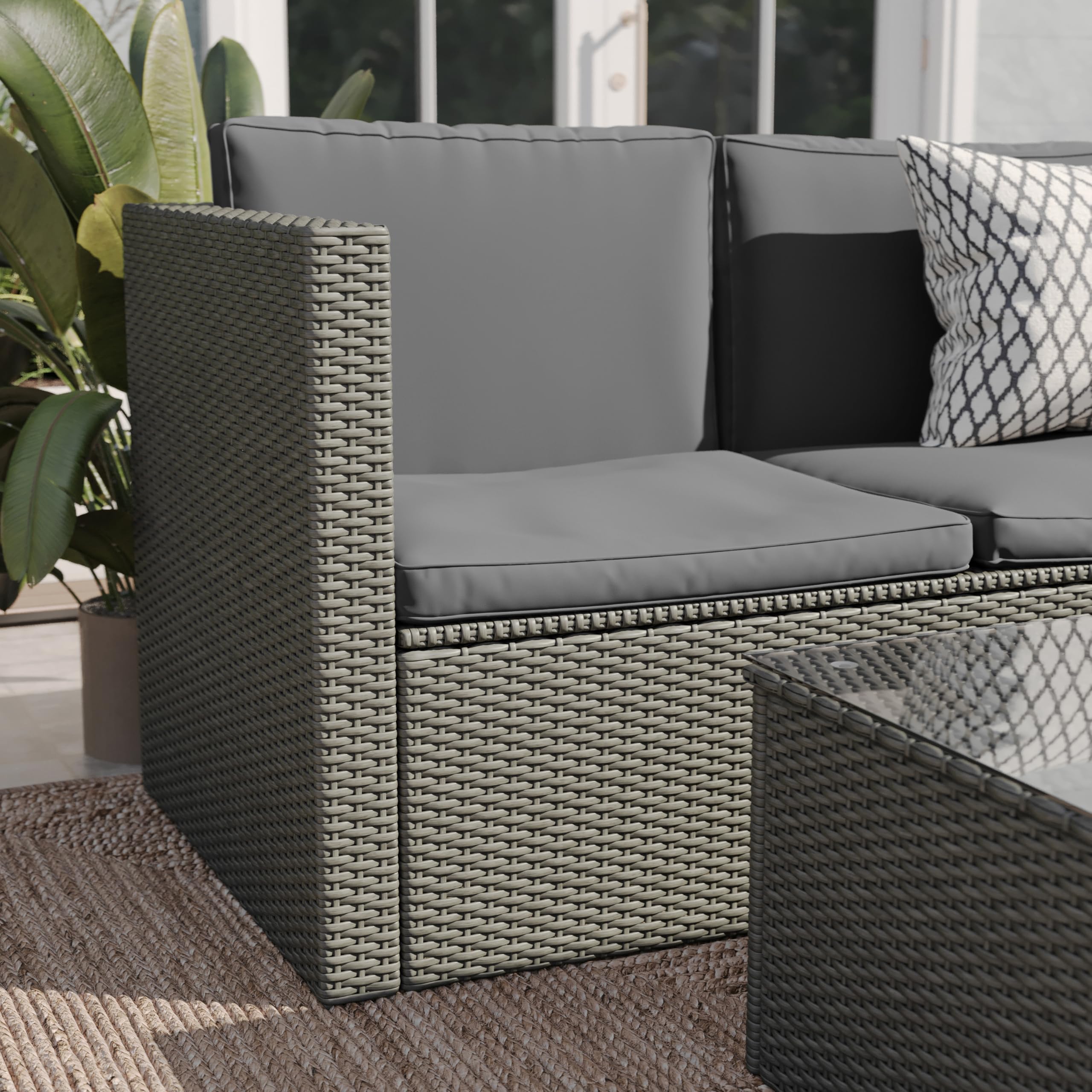 EMMA + OLIVER Beal Outdoor Sectional Couch with Table, All-Weather PE Rattan Frame, Side Lift Storage Coffee Table, Back and Seat Cushions, Gray/Gray