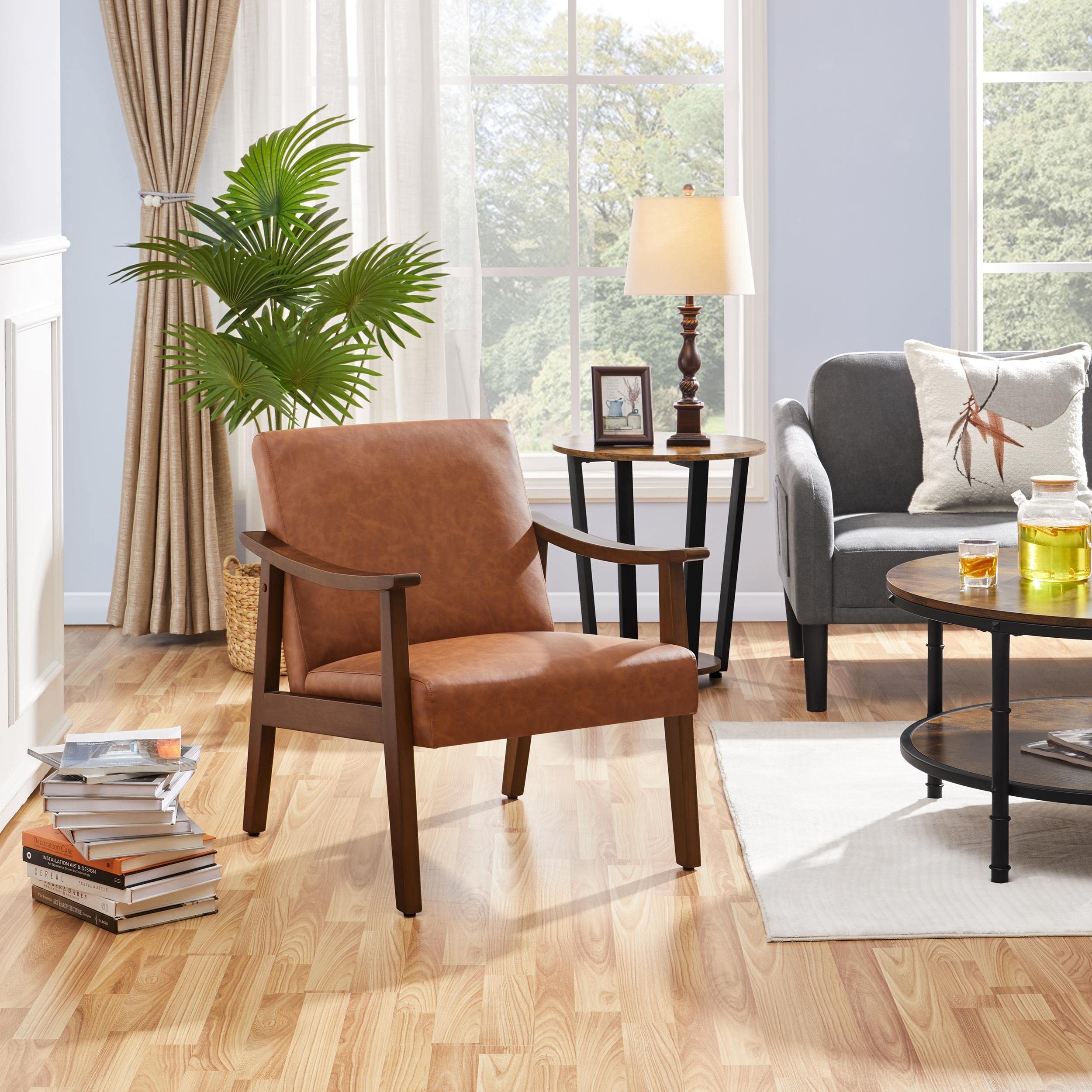 PU Leather Accent Chair, Mid-Century Modern Armchair with Solid Wood Legs